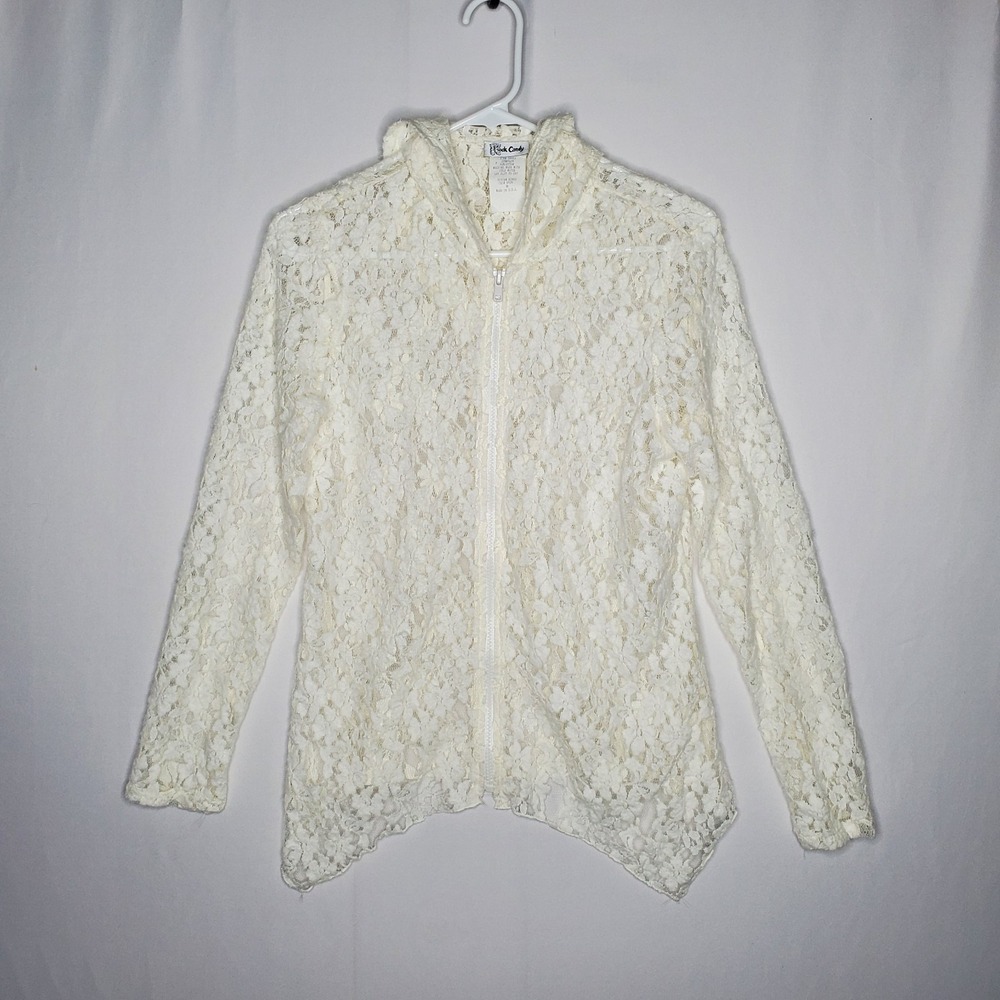 Rock Candy Sheer Lace Zip Hood Jacket Y2K Angelcore Fairycore Asymmetric 90s Vtg